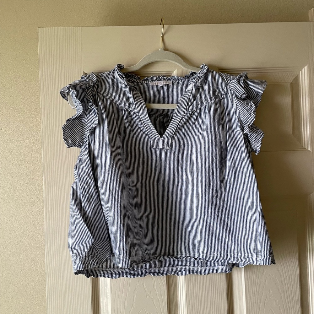 Oliviaceous Linen Blue White Pinstripe Flutter Short Sleeve V Neck Blouse Top